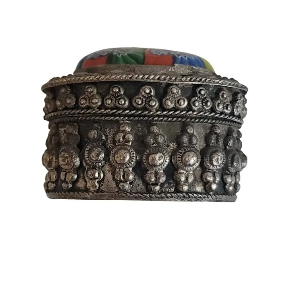 Vintage mini millefiori glass silverplate Lined metal trinket stash pill box 2